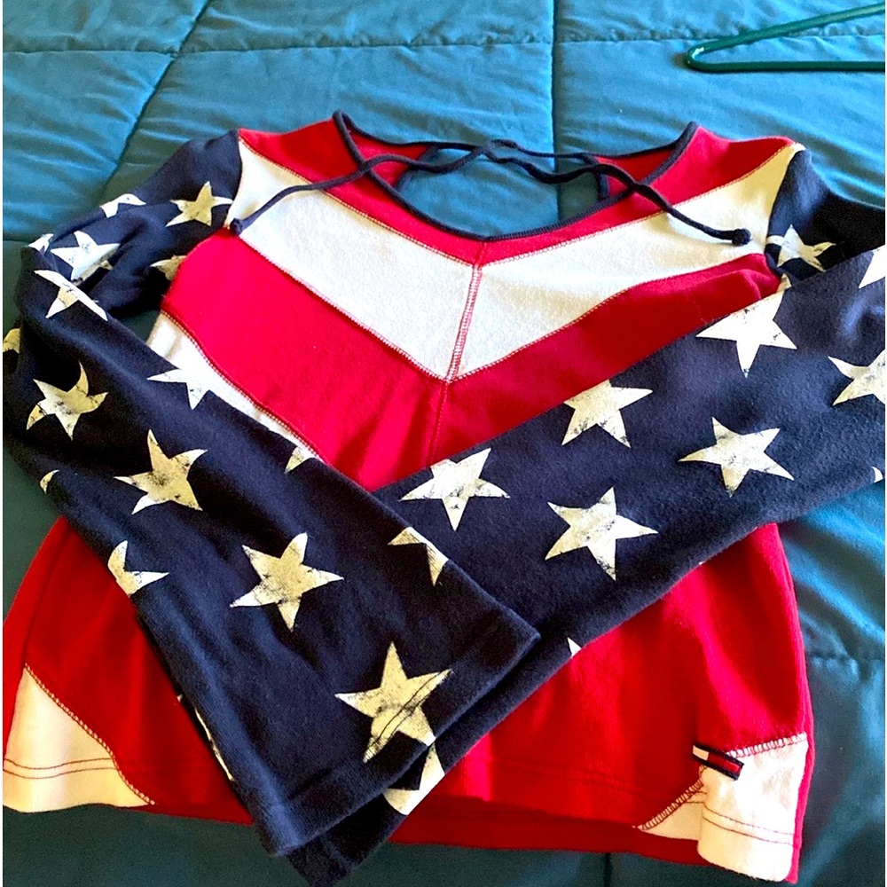 Cute long sleeve top for cool weather, 4th of July themed style.